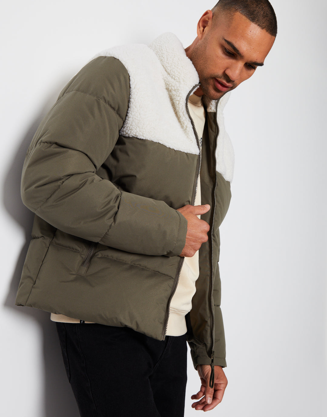 Khaki Green Borg Panel Funnel Neck Puffer Jacket
