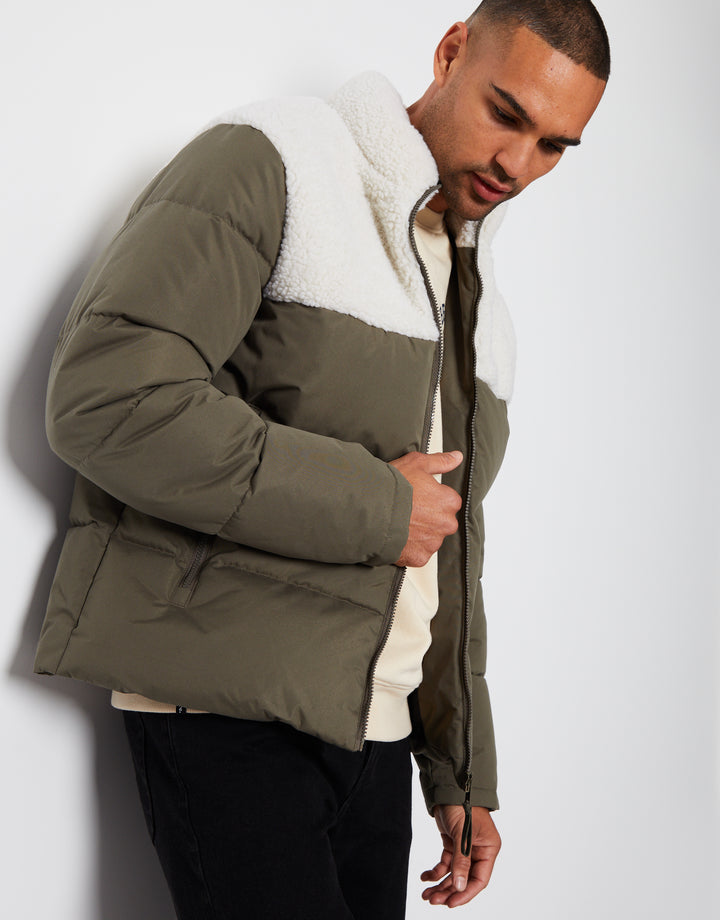 Khaki Green Borg Panel Funnel Neck Puffer Jacket