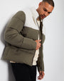 Khaki Green Borg Panel Funnel Neck Puffer Jacket