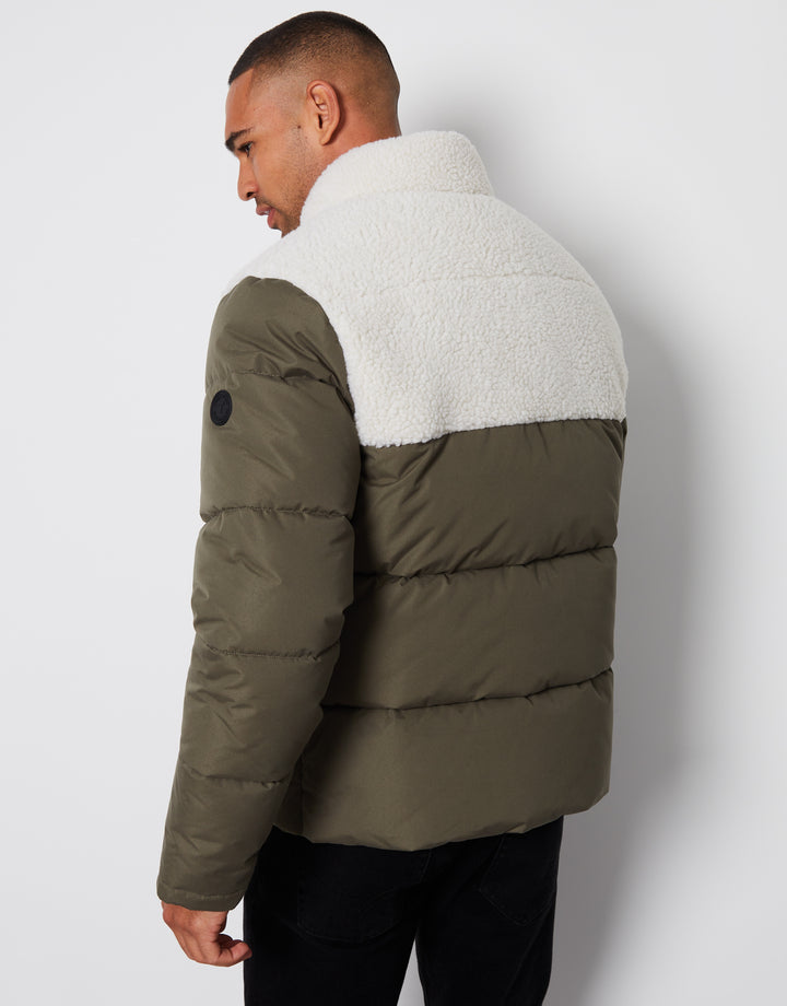 Khaki Green Borg Panel Funnel Neck Puffer Jacket