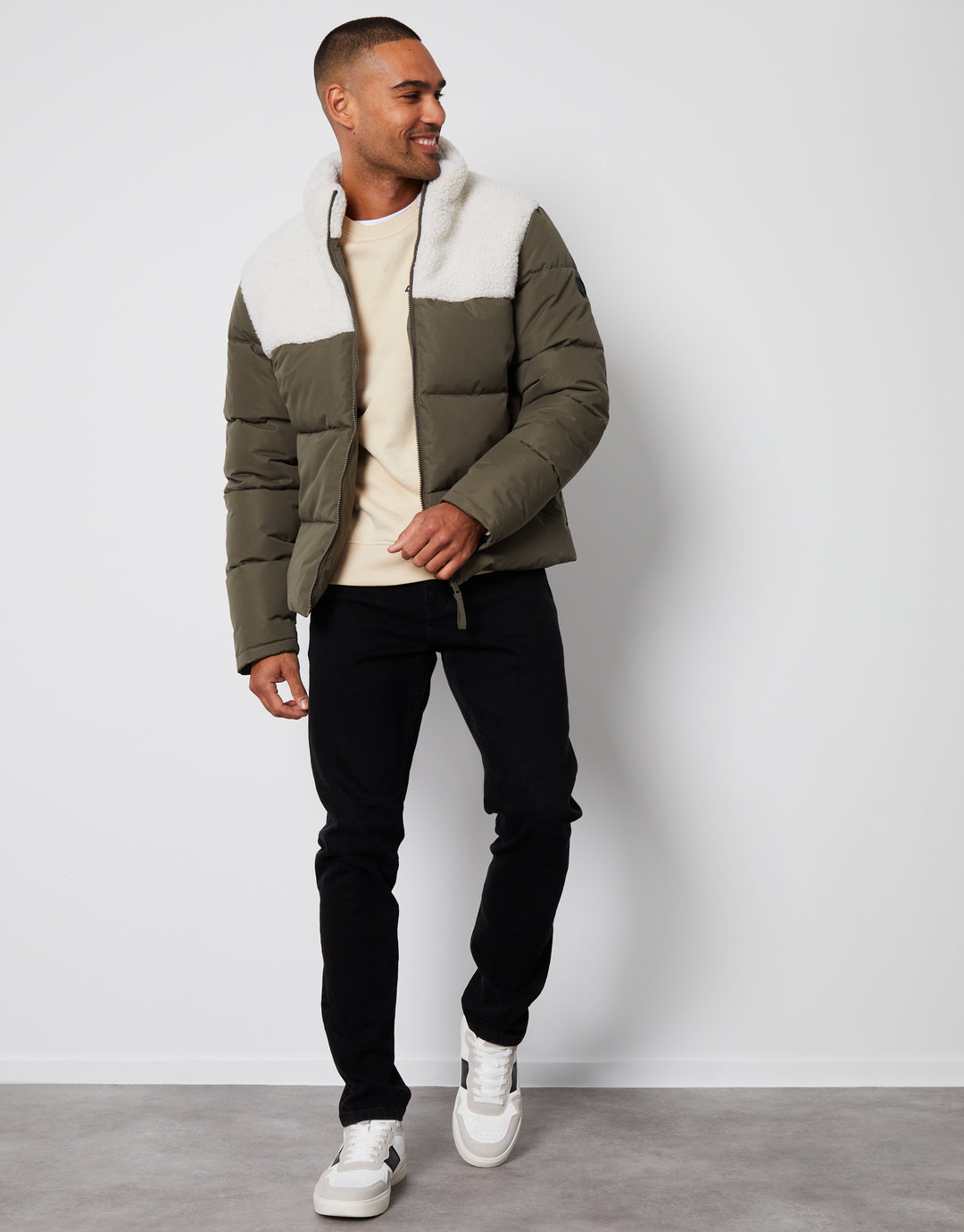 Khaki Green Borg Panel Funnel Neck Puffer Jacket