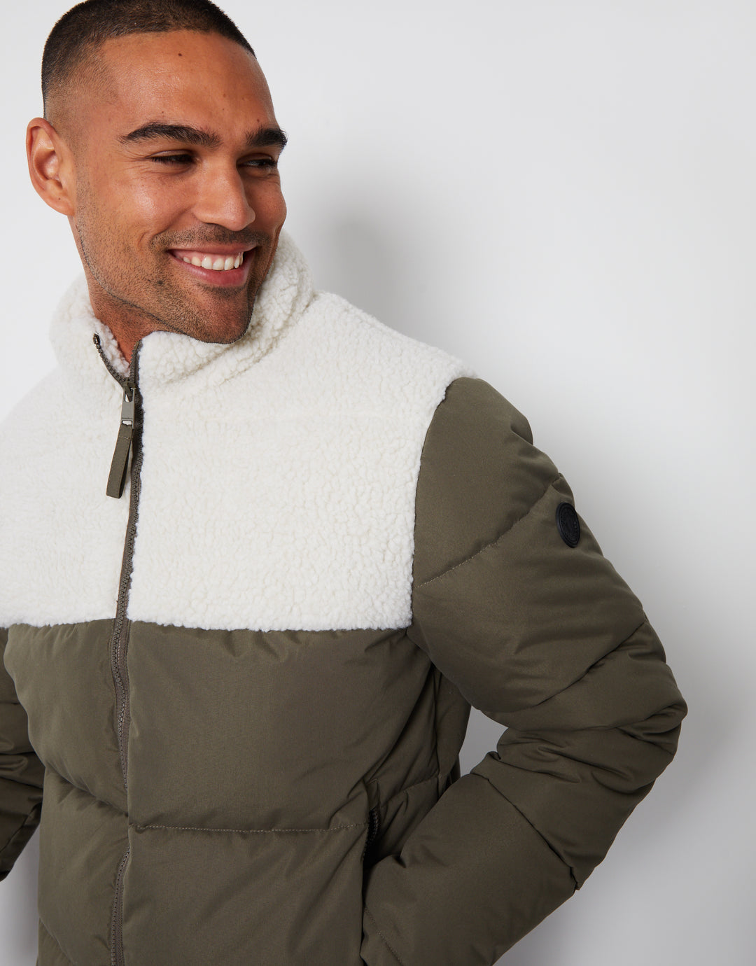 Khaki Green Borg Panel Funnel Neck Puffer Jacket