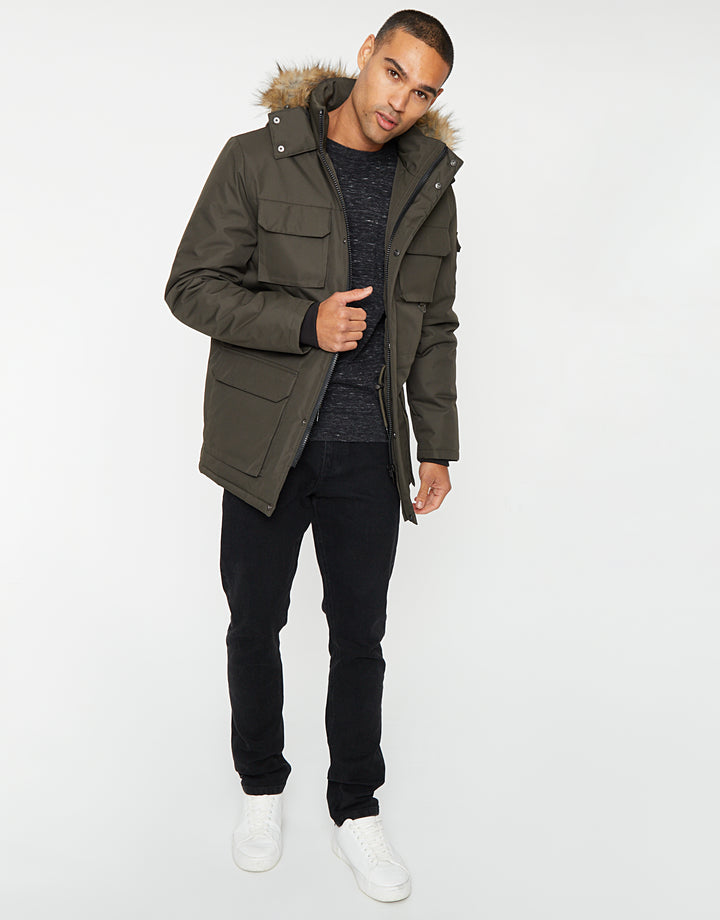 Khaki Green Showerproof Utility Pocket Parka Jacket