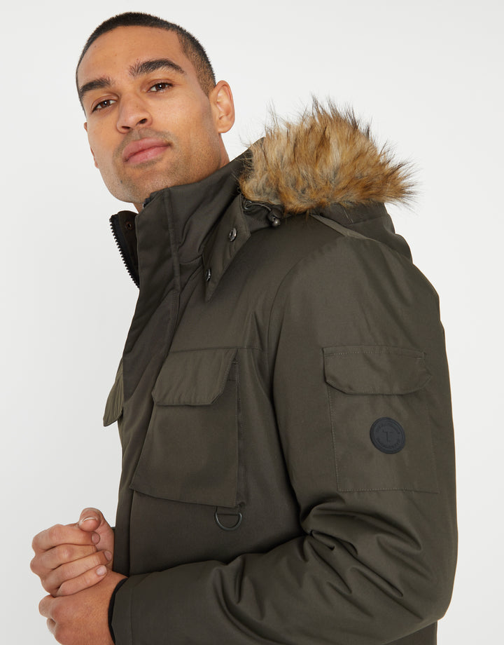 Khaki Green Showerproof Utility Pocket Parka Jacket