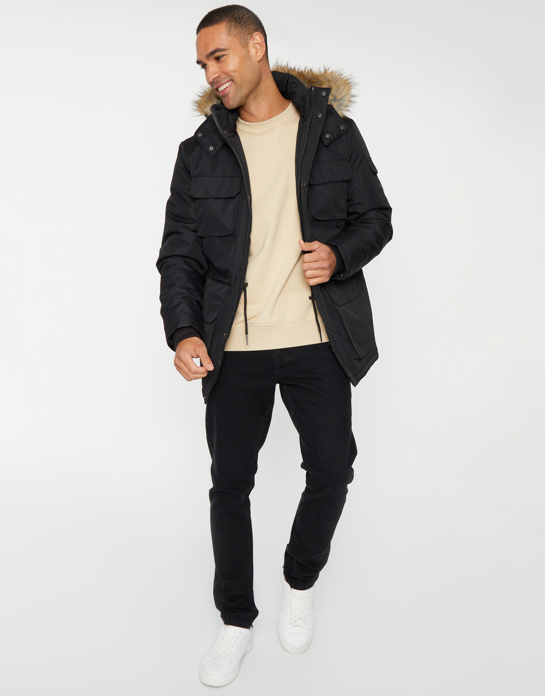 Men's Black Faux Fur Trim Hooded Padded Parka Jacket – Threadbare