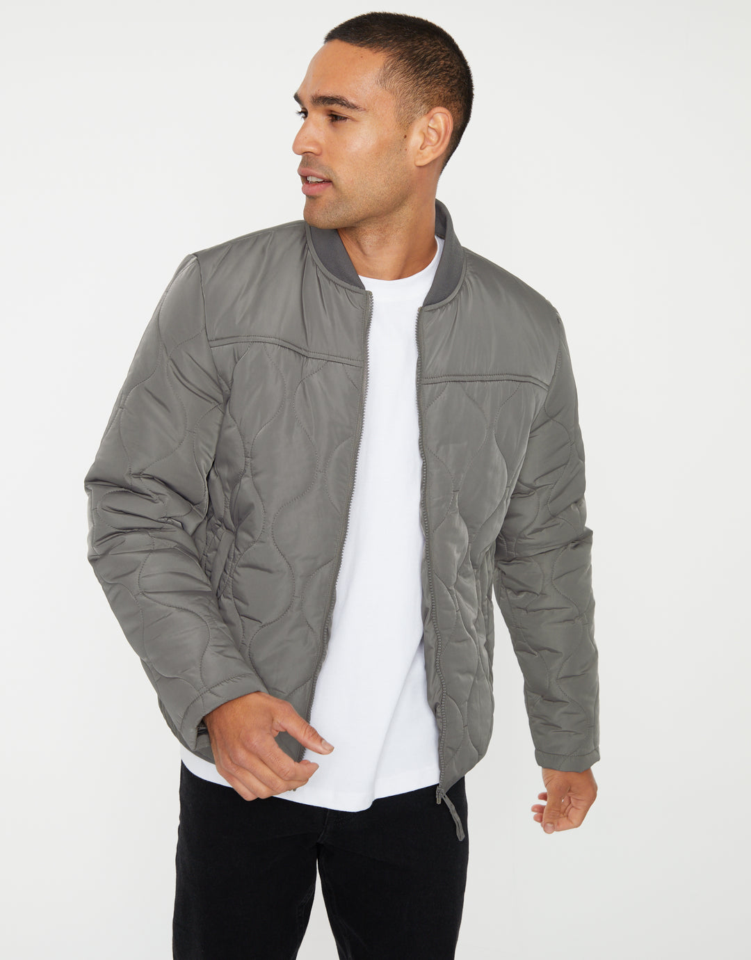 Slate Grey Onion Quilted Bomber Jacket