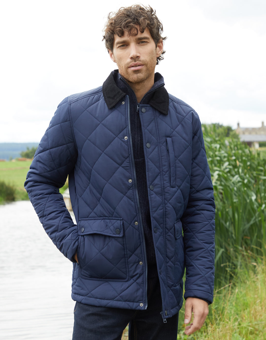 Navy Showerproof Diamond Quilted Collared Jacket