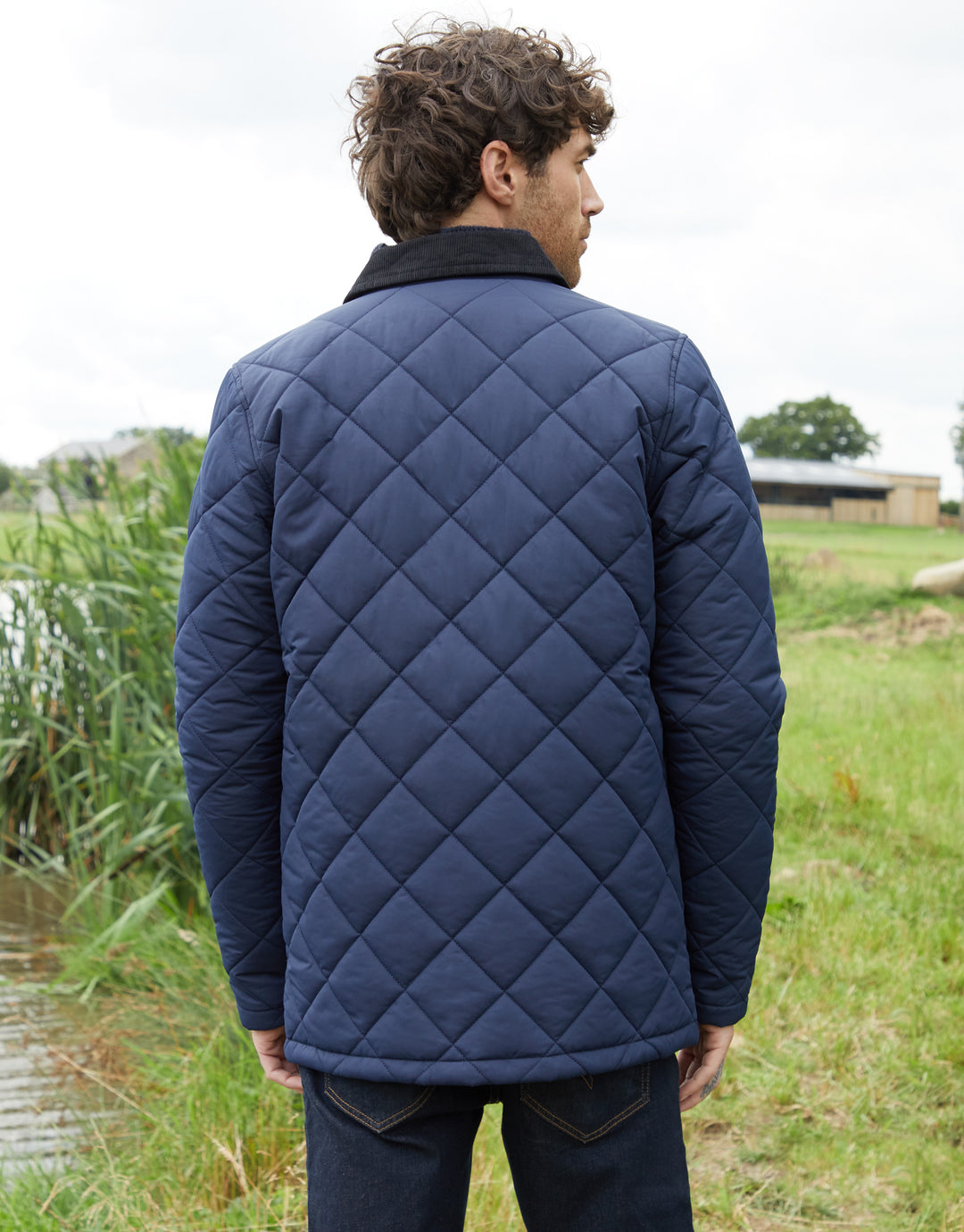 Navy Showerproof Diamond Quilted Collared Jacket