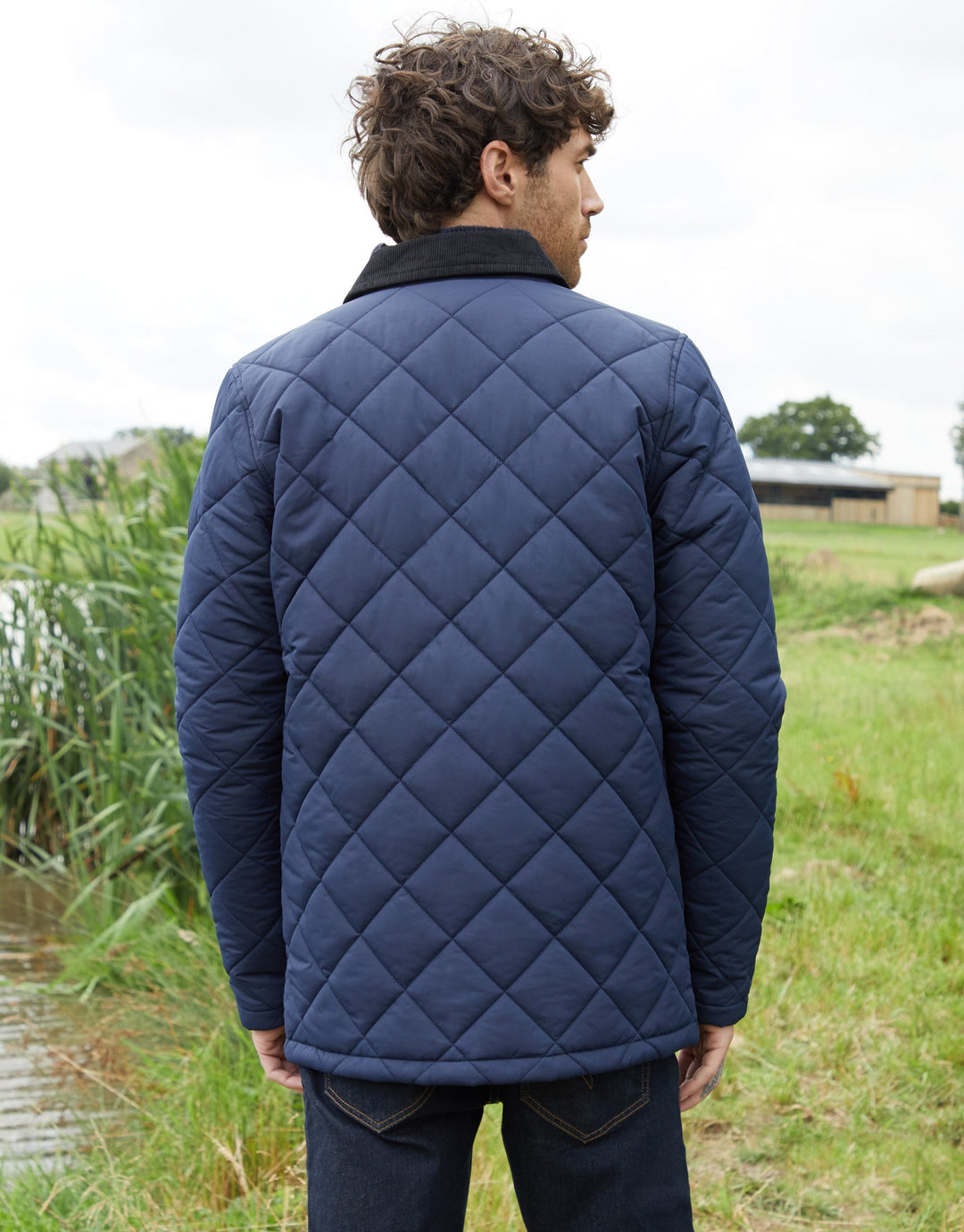 Navy Showerproof Diamond Quilted Collared Jacket