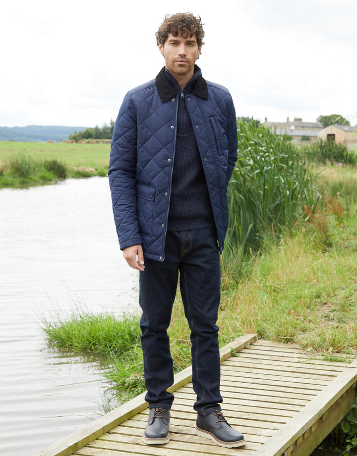 Navy Showerproof Diamond Quilted Collared Jacket