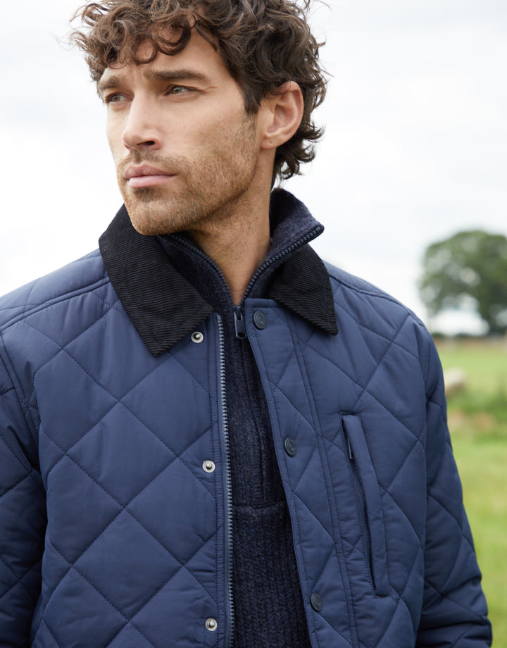 Navy Showerproof Diamond Quilted Collared Jacket