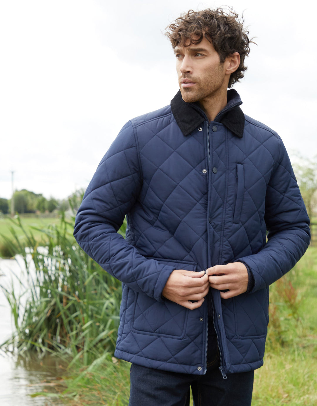 Navy Showerproof Diamond Quilted Collared Jacket