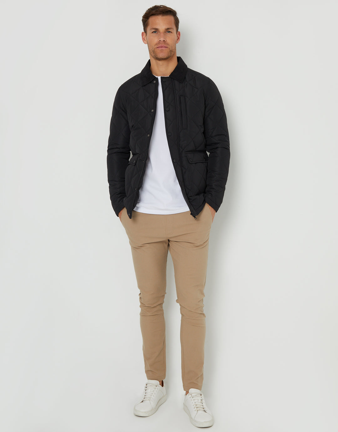 Black Showerproof Diamond Quilted Collared Jacket