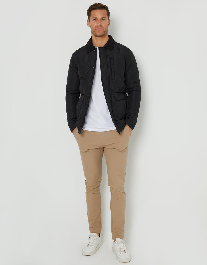 Black Showerproof Diamond Quilted Collared Jacket
