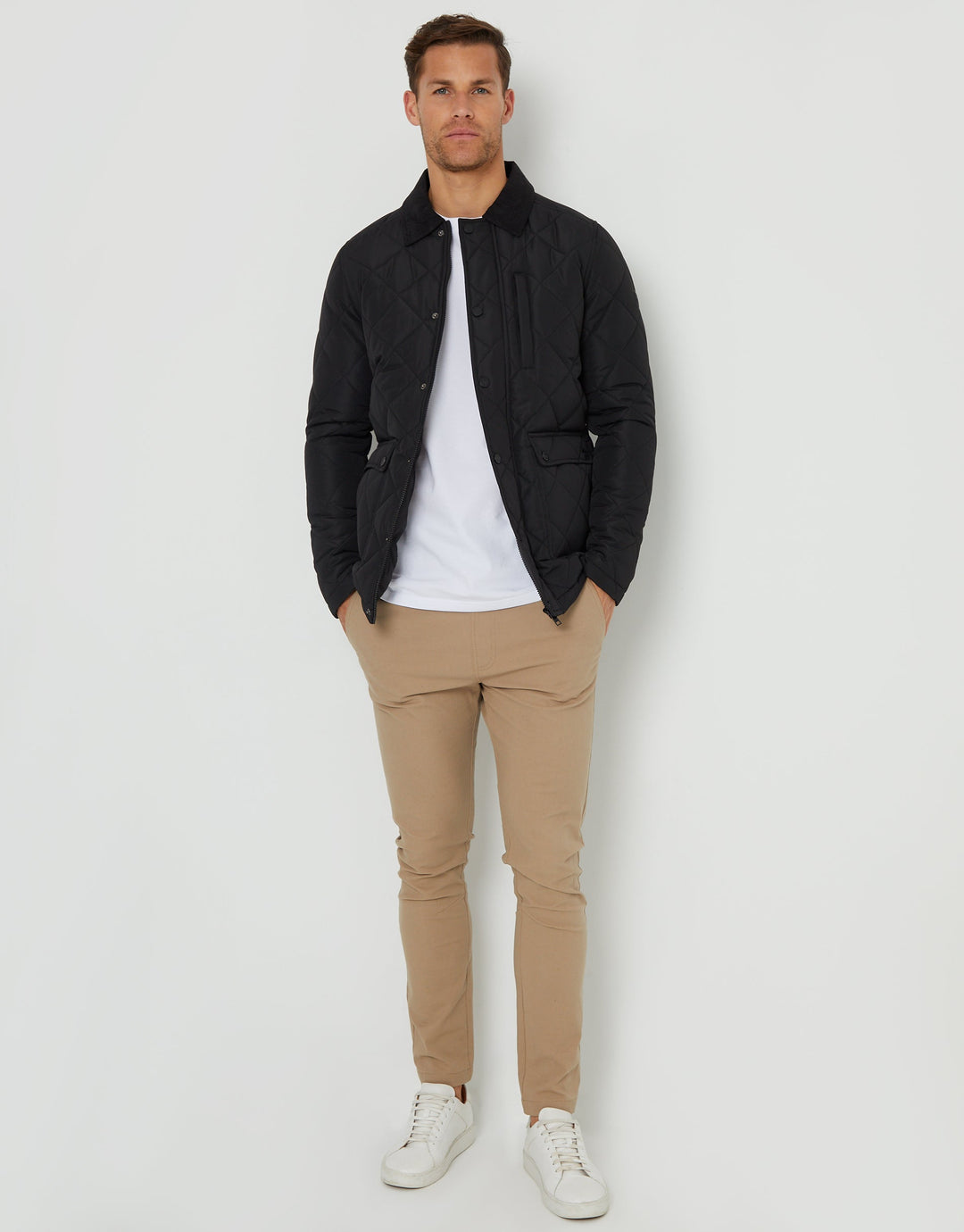 Black Showerproof Diamond Quilted Collared Jacket