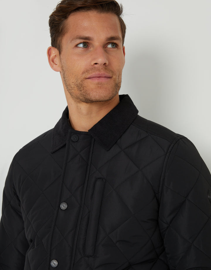 Black Showerproof Diamond Quilted Collared Jacket