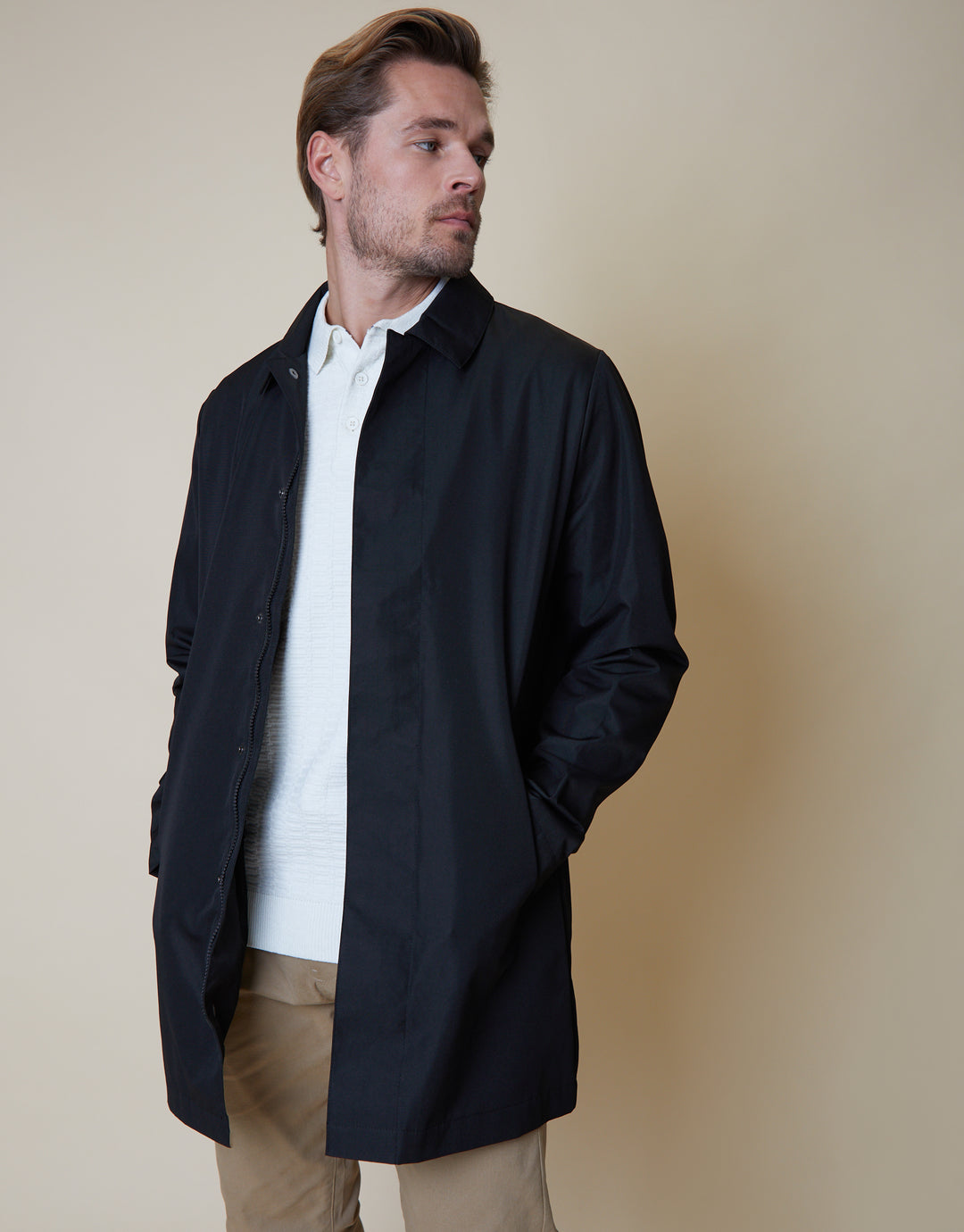 Black Showerproof Collared Mac