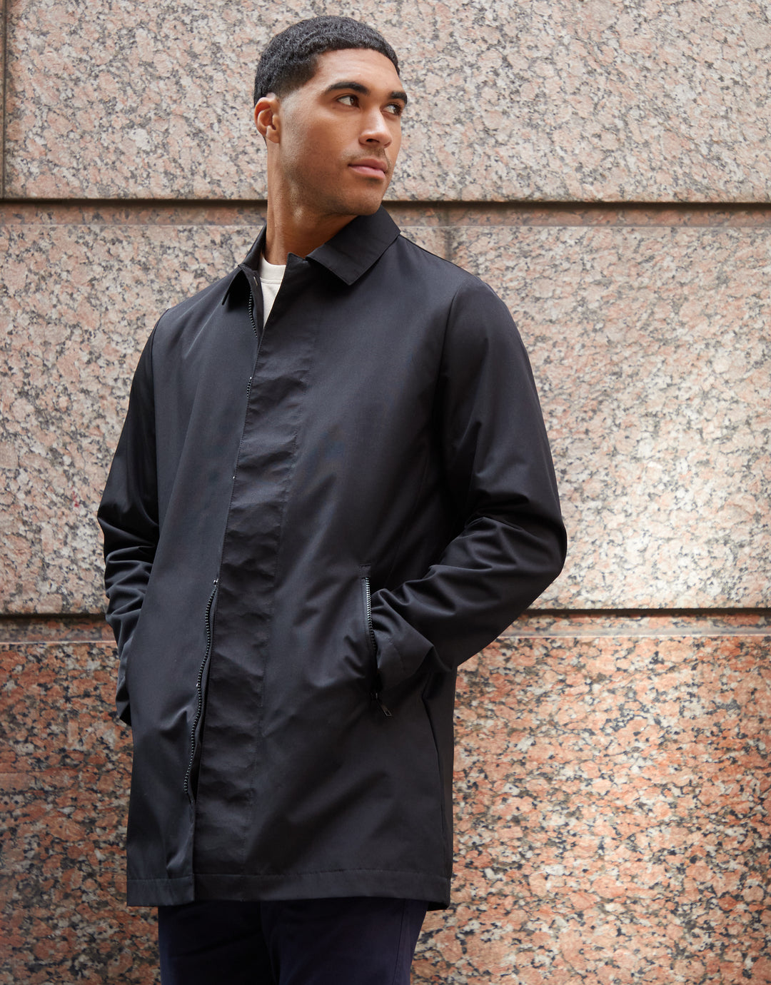 Black Showerproof Collared Mac