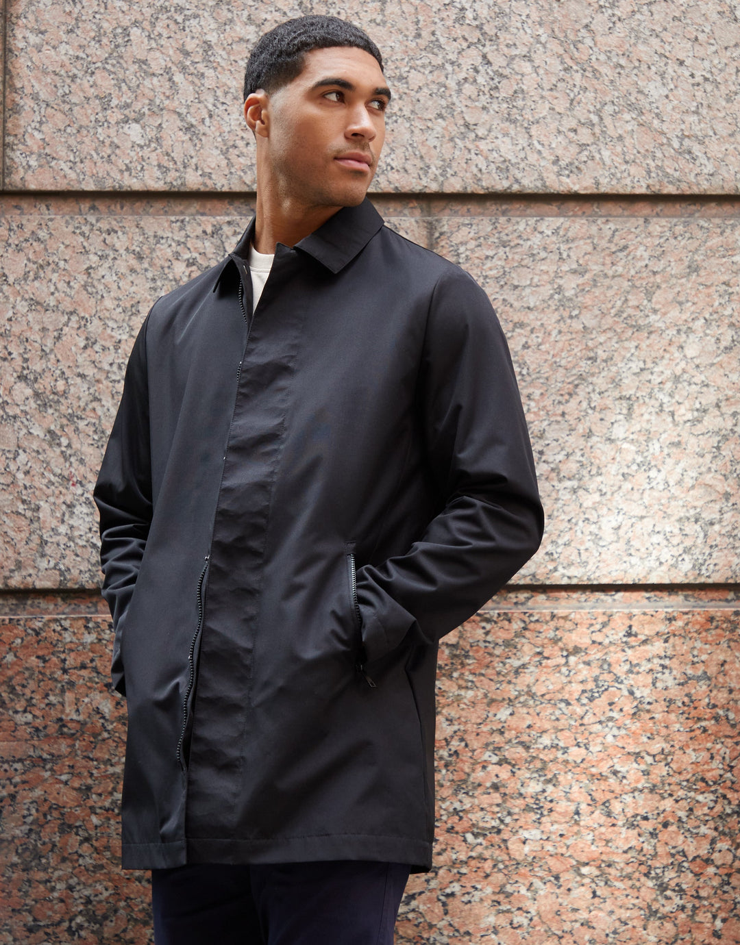 Black Showerproof Collared Mac