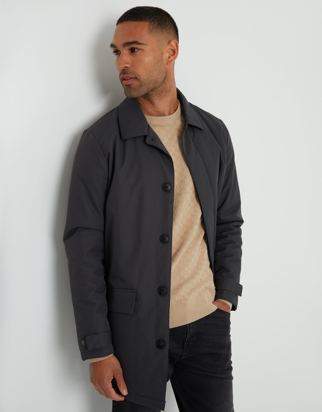 Charcoal Grey Showerproof Button Up Collared Mac