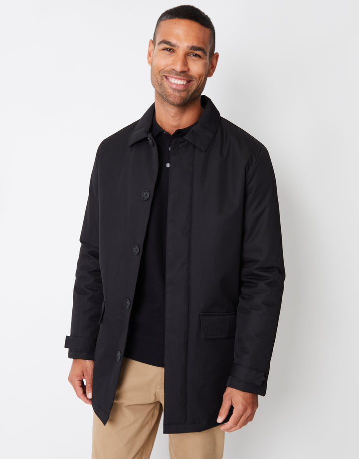Black Showerproof Button Up Collared Mac
