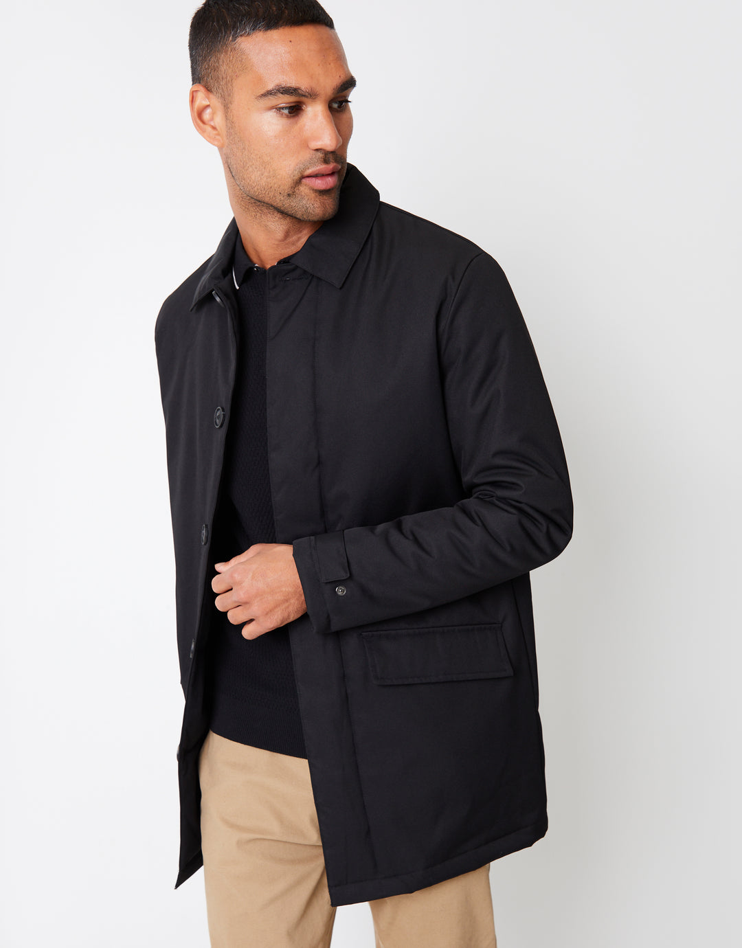 Black Showerproof Button Up Collared Mac