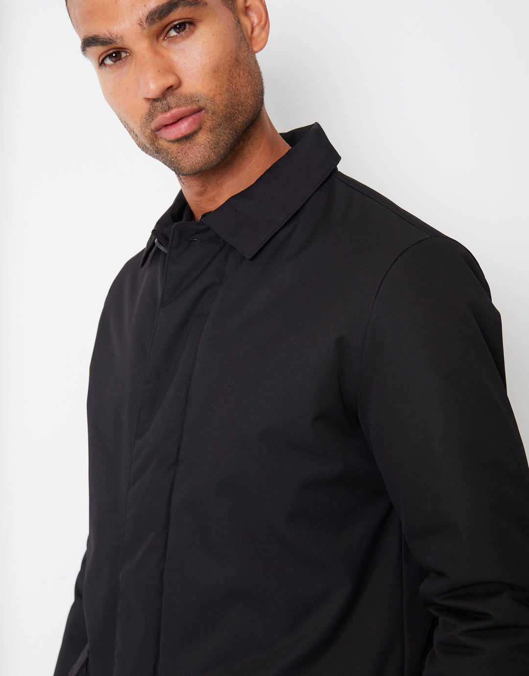 Black Showerproof Button Up Collared Mac