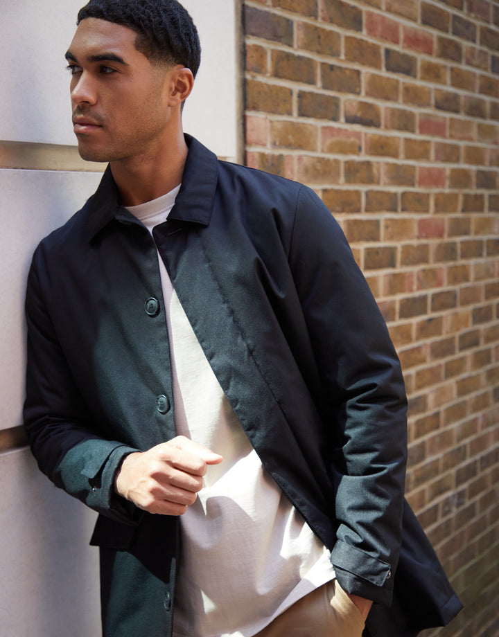 Black Showerproof Button Up Collared Mac