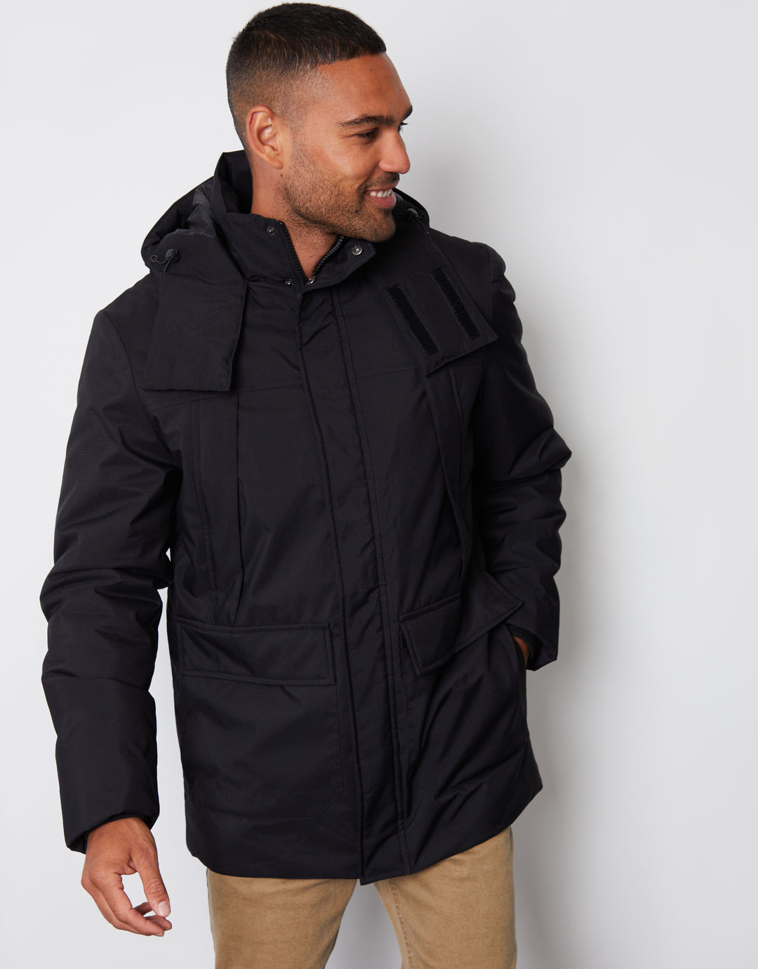 Black Showerproof Patch Pocket Padded Hooded Coat