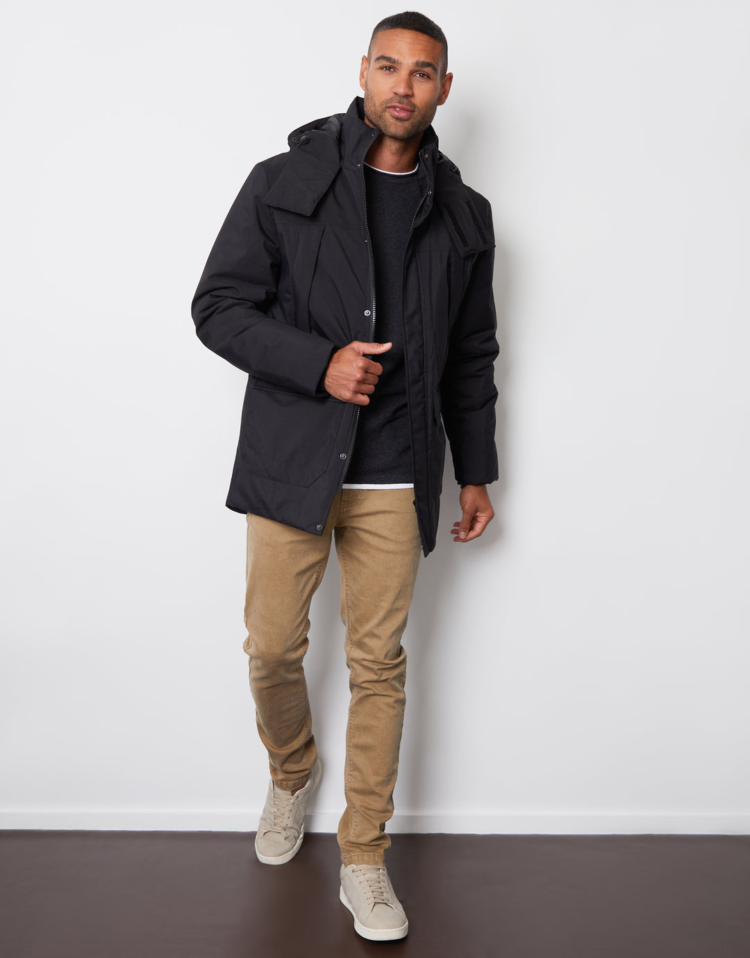 Black Showerproof Patch Pocket Padded Hooded Coat