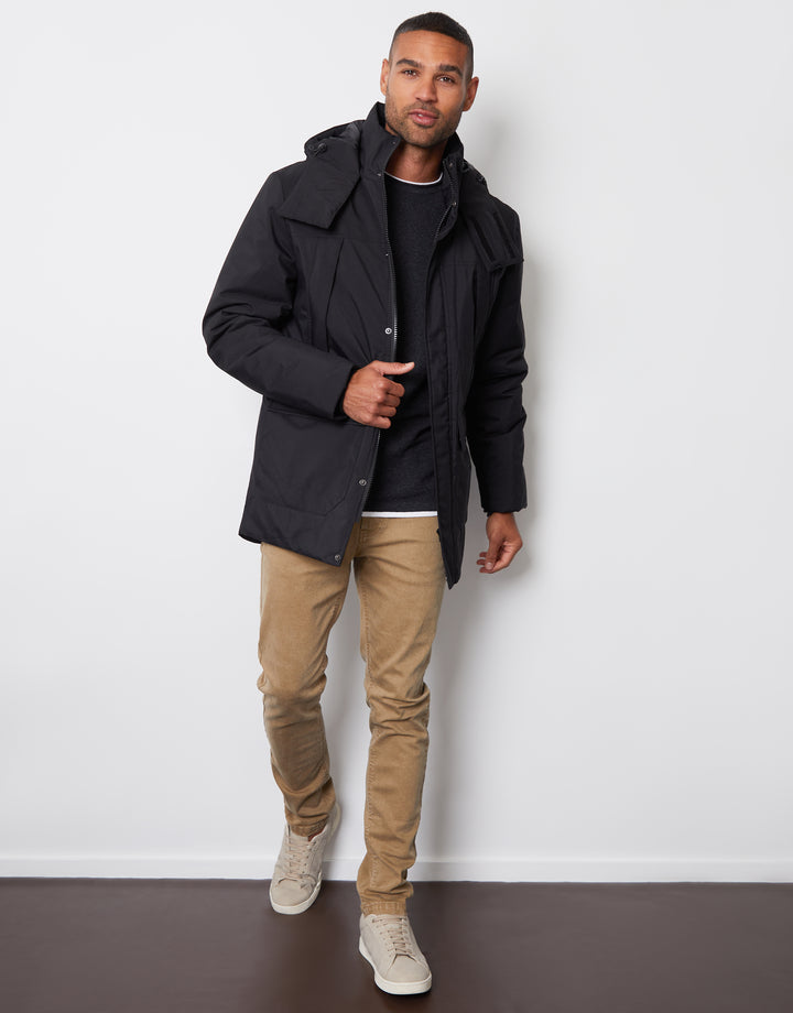 Black Showerproof Patch Pocket Padded Hooded Coat