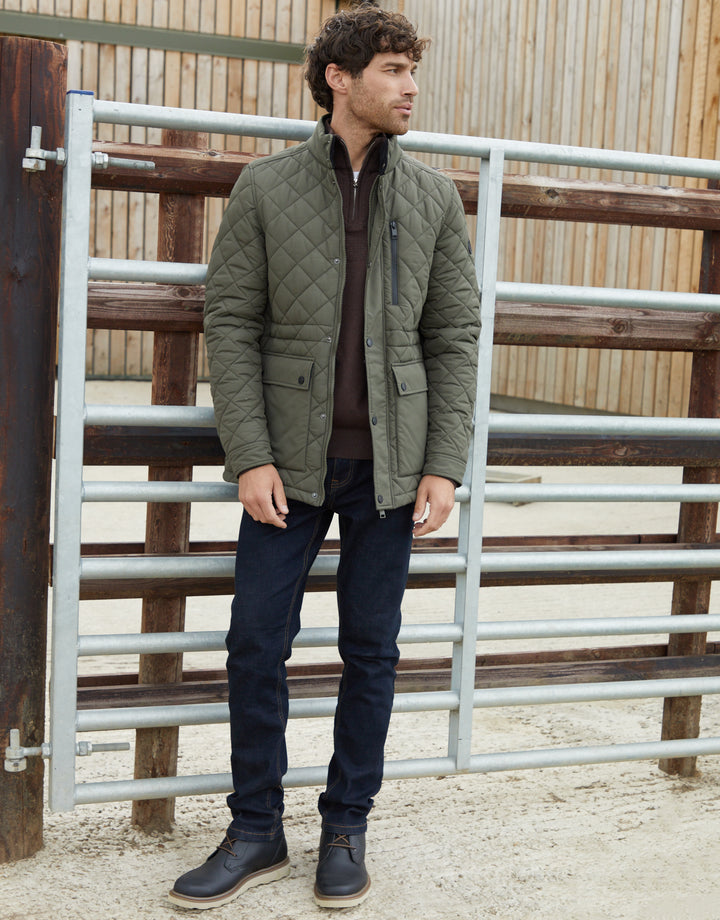 Showerproof Quilted Patch Pocket Jacket in Khaki Green