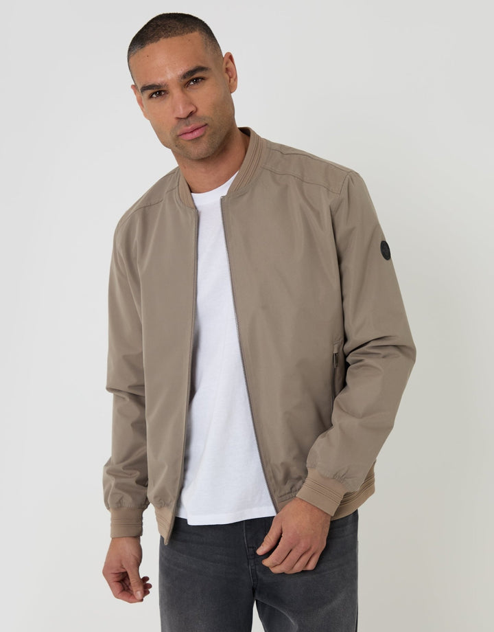 Threadbare Showerproof Classic Bomber Jacket in Taupe - front view