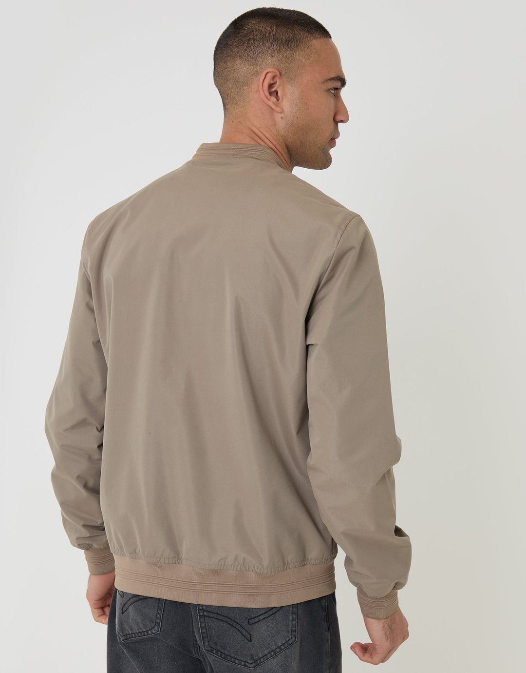 Threadbare Showerproof Classic Bomber Jacket in Taupe - back view