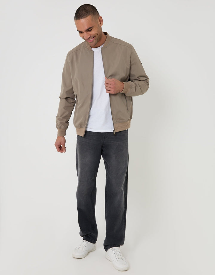 Threadbare Showerproof Classic Bomber Jacket in Taupe - full body