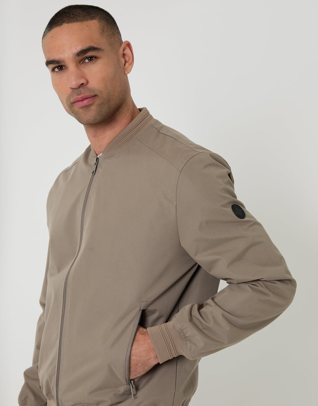 Threadbare Showerproof Classic Bomber Jacket in Taupe - side view