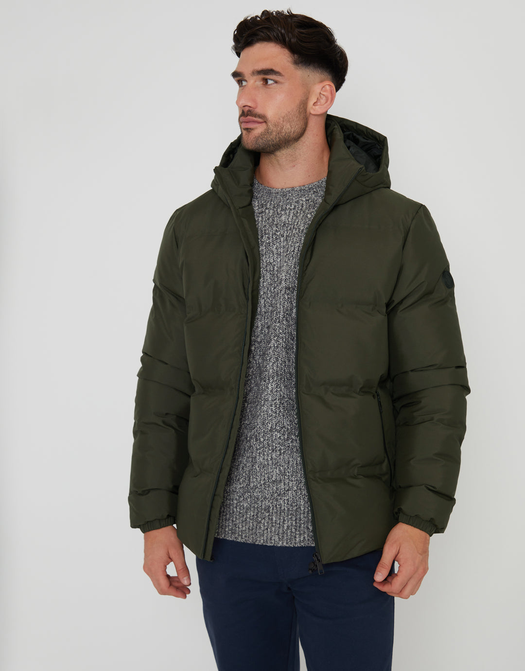 Threadbare Hooded Puffer Jacket in Khaki Green - front view