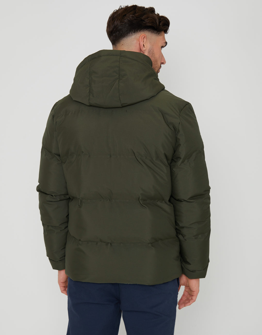Threadbare Hooded Puffer Jacket in Khaki Green - back view