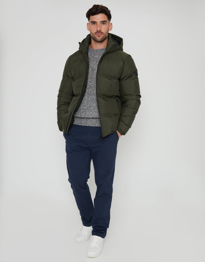 Threadbare Hooded Puffer Jacket in Khaki Green - full body