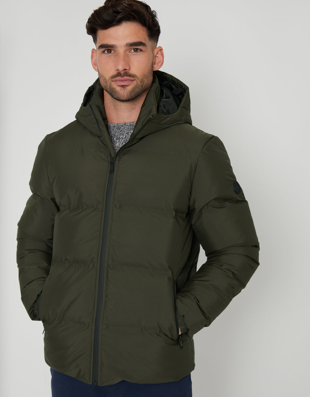 Threadbare Hooded Puffer Jacket in Khaki Green - front view, zipped shut