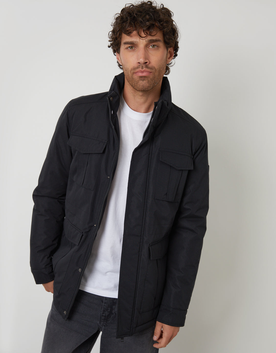 Black Funnel Neck Utility Coat