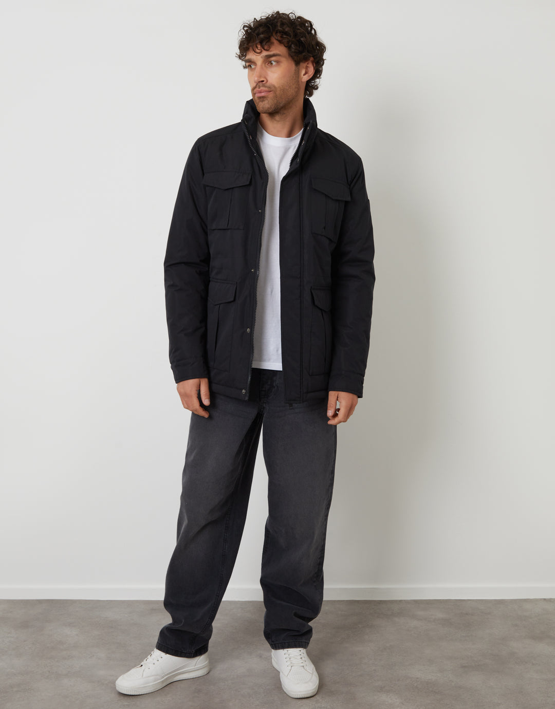 Black Funnel Neck Utility Coat
