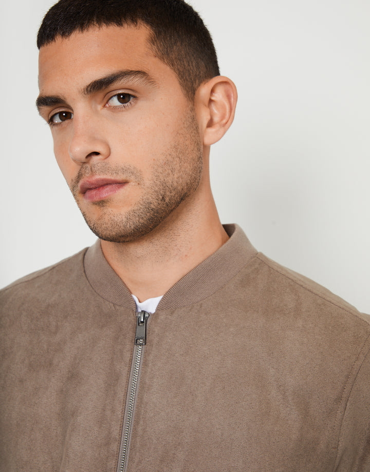Taupe Faux Suede Bomber Jacket
