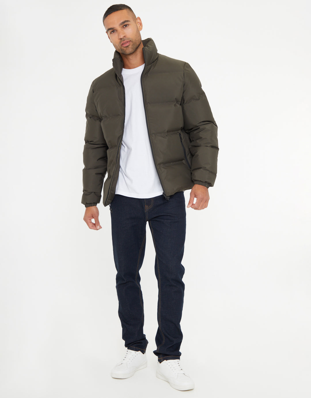 Funnel Neck Puffer Jacket in Khaki Green