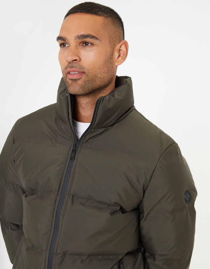 Funnel Neck Puffer Jacket in Khaki Green