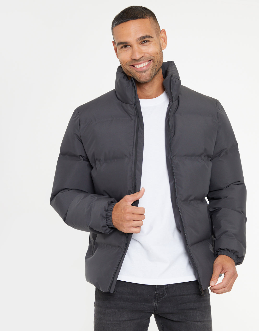 Funnel Neck Puffer Jacket in Slate Grey