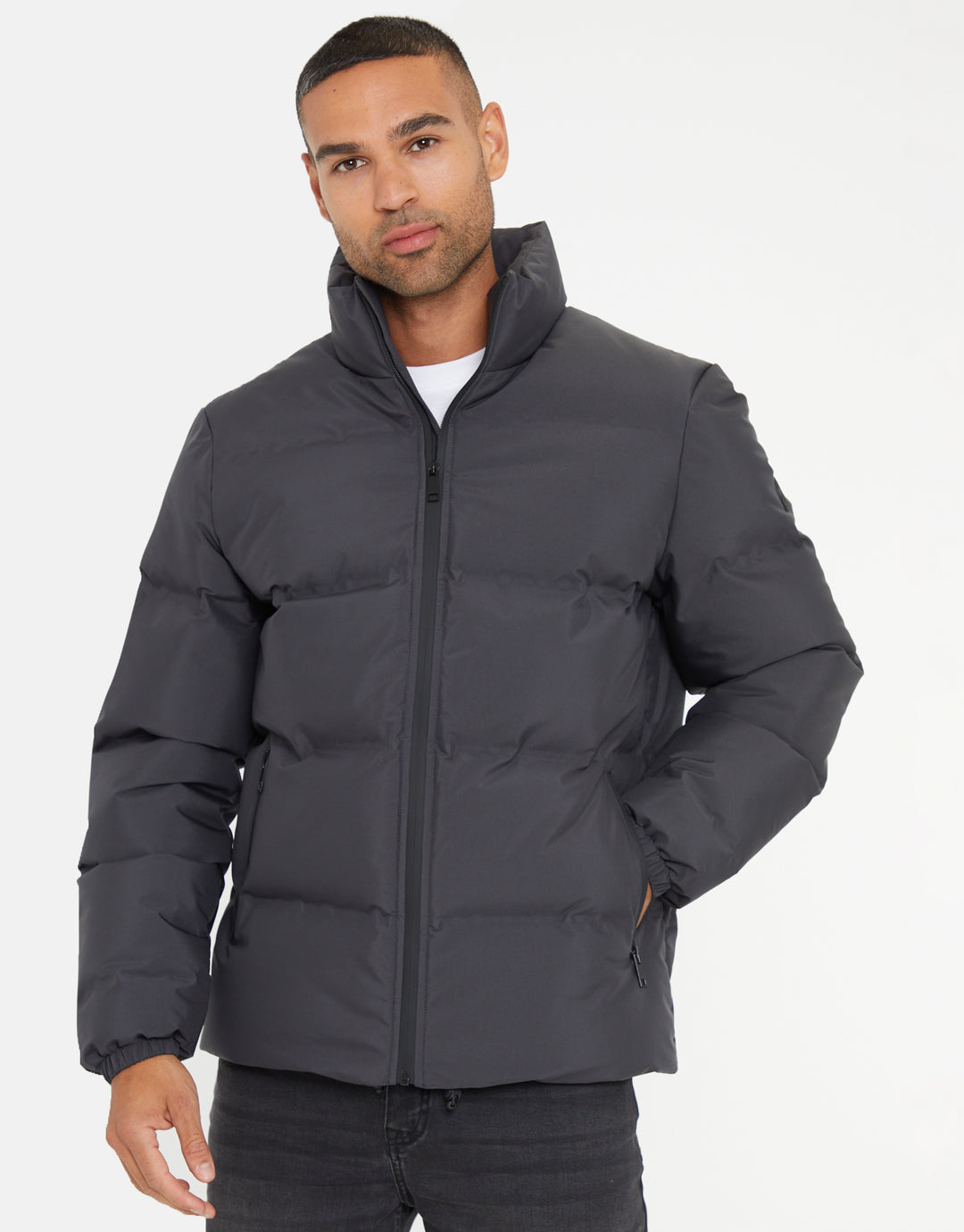 Funnel Neck Puffer Jacket in Slate Grey
