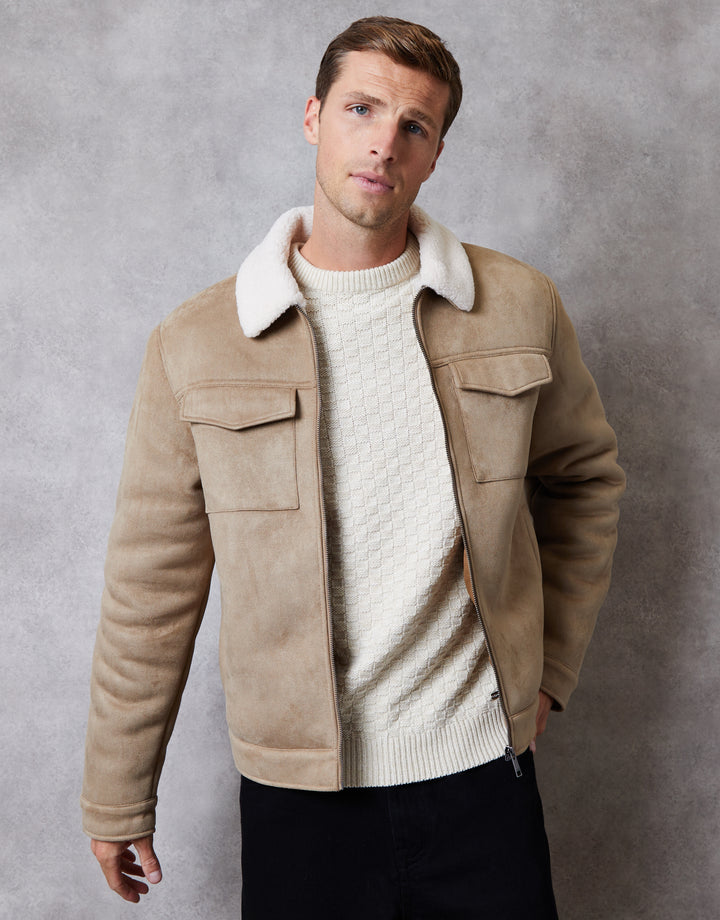 Stone Faux Suede Borg Lined Aviator Jacket