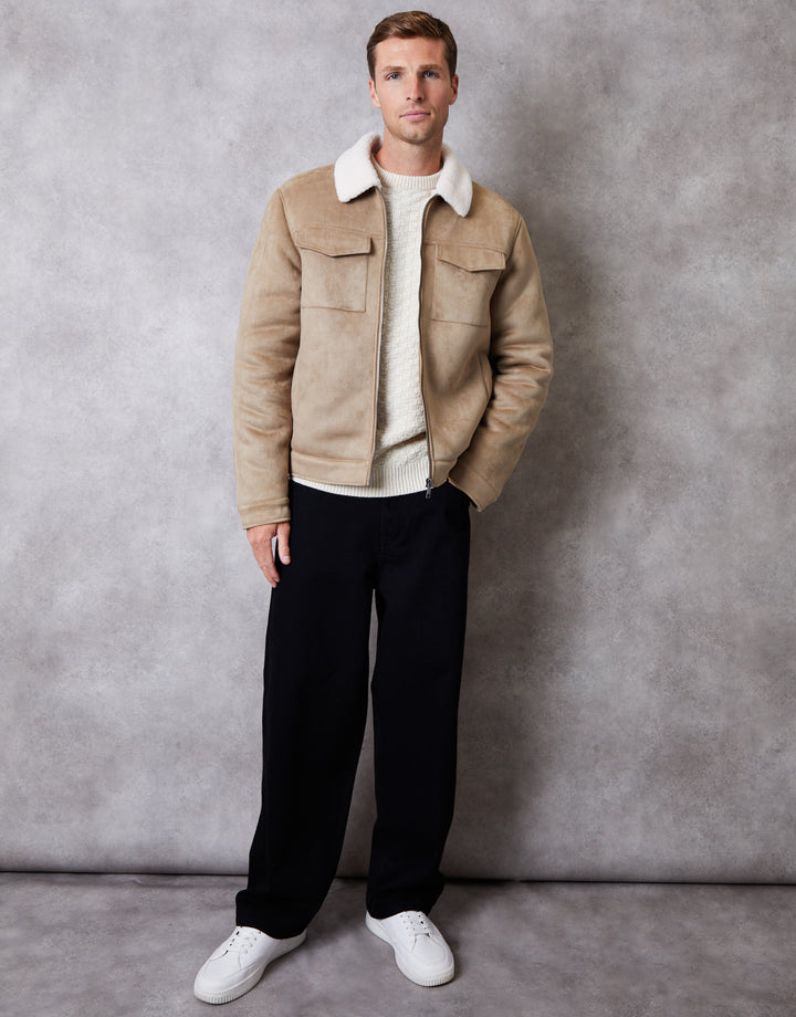 Stone Faux Suede Borg Lined Aviator Jacket