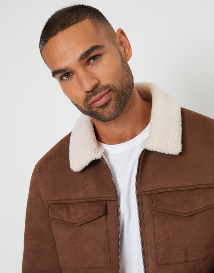 Taupe Faux Suede Borg Lined Aviator Jacket